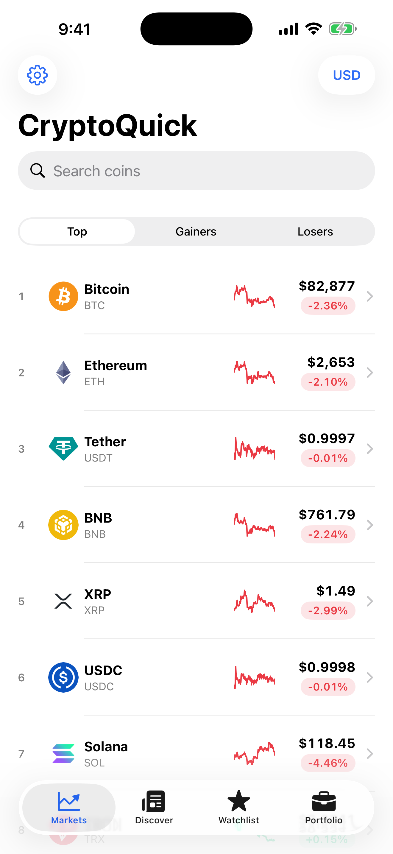 CryptoQuick markets list with live prices